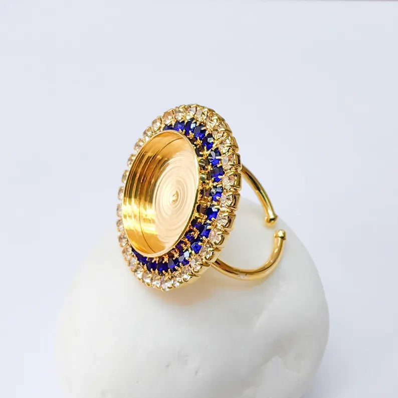 Navy Blue Crystal Ring Bezel, Adjustable Ring Base, 16mm Round Bezel Setting, 24K Shiny Gold, G37416