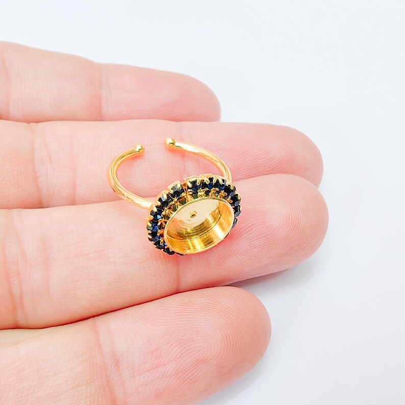 Ring Blank with Dark Sapphire Color Crystals, Bezel Setting Cabochon Resin Mounting Shiny Gold Brass Adjustable Ring Base 10mm bezel G37417