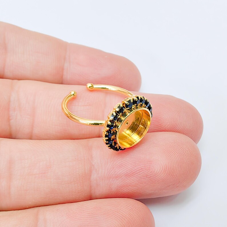 Ring Blank with Dark Sapphire Color Crystals, Bezel Setting Cabochon Resin Mounting Shiny Gold Brass Adjustable Ring Base 10mm bezel G37417