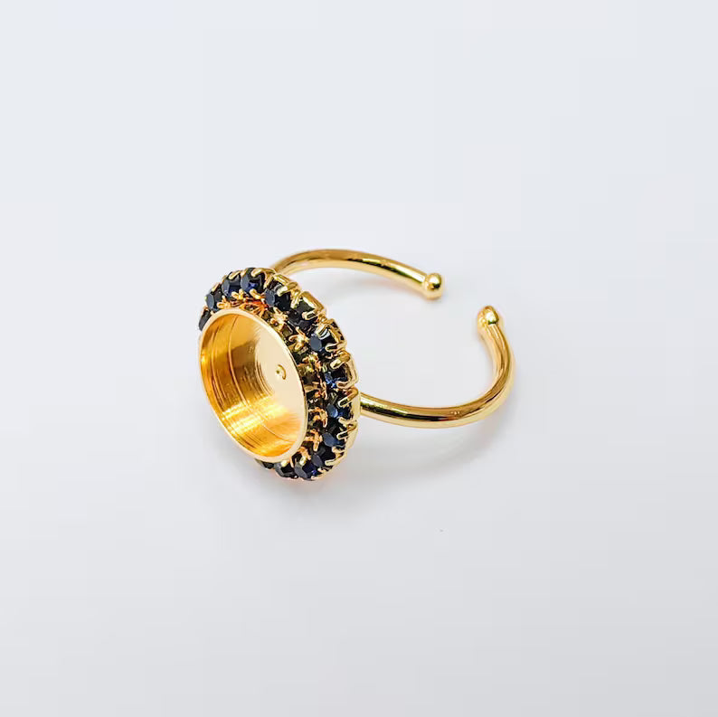 Ring Blank with Dark Sapphire Color Crystals, Bezel Setting Cabochon Resin Mounting Shiny Gold Brass Adjustable Ring Base 10mm bezel G37417