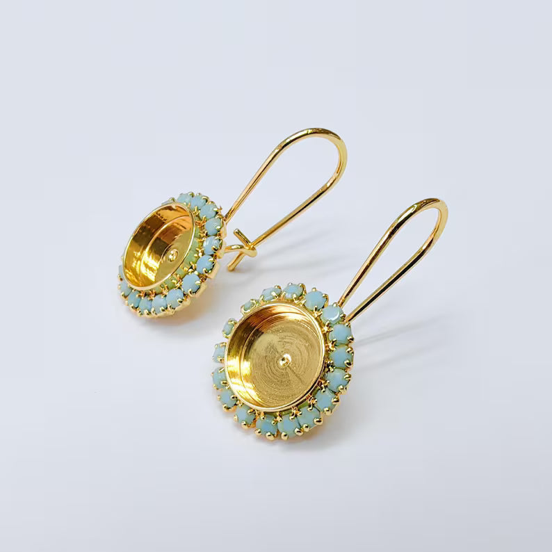 Turquoise Crystal Hook Earrings with 10mm Bezel, 24k Gold Plated Drop Settings, DIY Jewelry Making, G37418