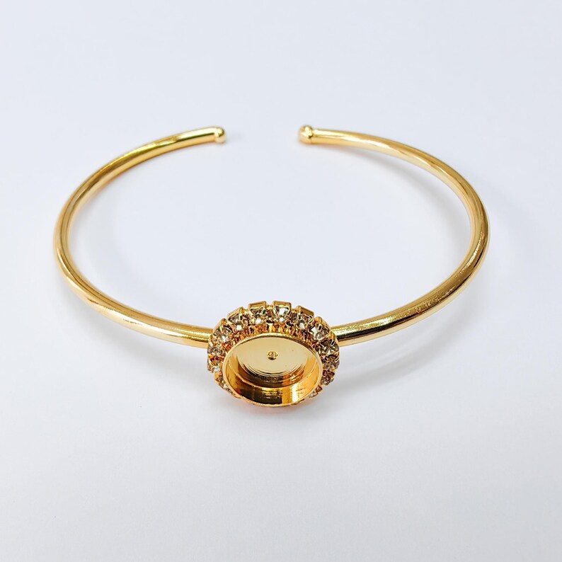Clear Crystal Accent Bracelet Bezel, Adjustable Cuff Bangle, 10mm Round Setting, 24k Shiny Gold Brass, G37419