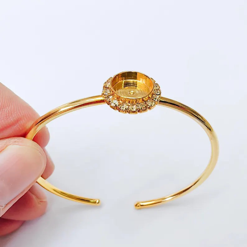 Clear Crystal Accent Bracelet Bezel, Adjustable Cuff Bangle, 10mm Round Setting, 24k Shiny Gold Brass, G37419
