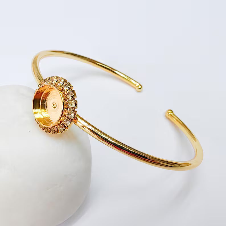 Clear Crystal Accent Bracelet Bezel, Adjustable Cuff Bangle, 10mm Round Setting, 24k Shiny Gold Brass, G37419