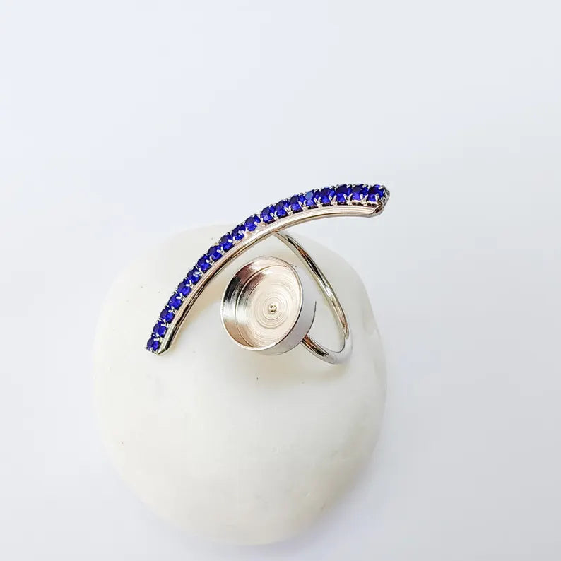 Navy Blue Crystal Accent Adjustable Ring Bezel, 10mm Bezel Cup, Shiny Silver Brass, G37420