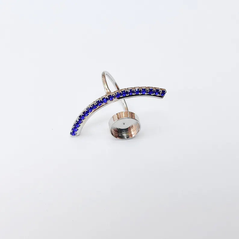 Navy Blue Crystal Accent Adjustable Ring Bezel, 10mm Bezel Cup, Shiny Silver Brass, G37420