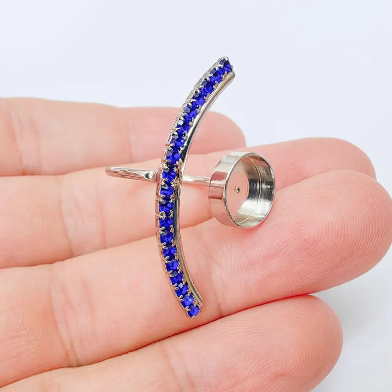 Navy Blue Crystal Accent Adjustable Ring Bezel, 10mm Bezel Cup, Shiny Silver Brass, G37420