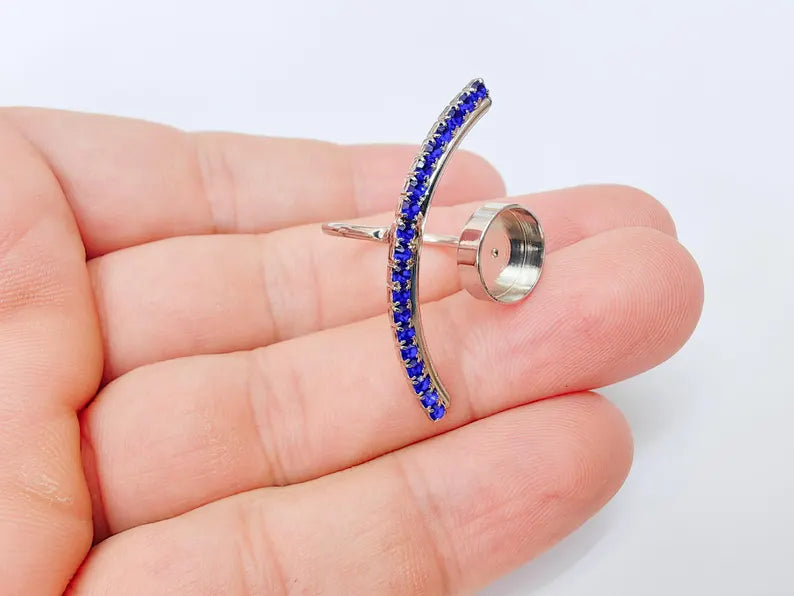 Navy Blue Crystal Accent Adjustable Ring Bezel, 10mm Bezel Cup, Shiny Silver Brass, G37420