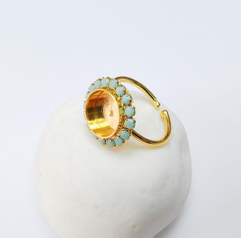 Turquoise Crystal Ring Bezel, Adjustable Ring Base, 10mm Round Bezel Setting, 24K Shiny Gold, G37422