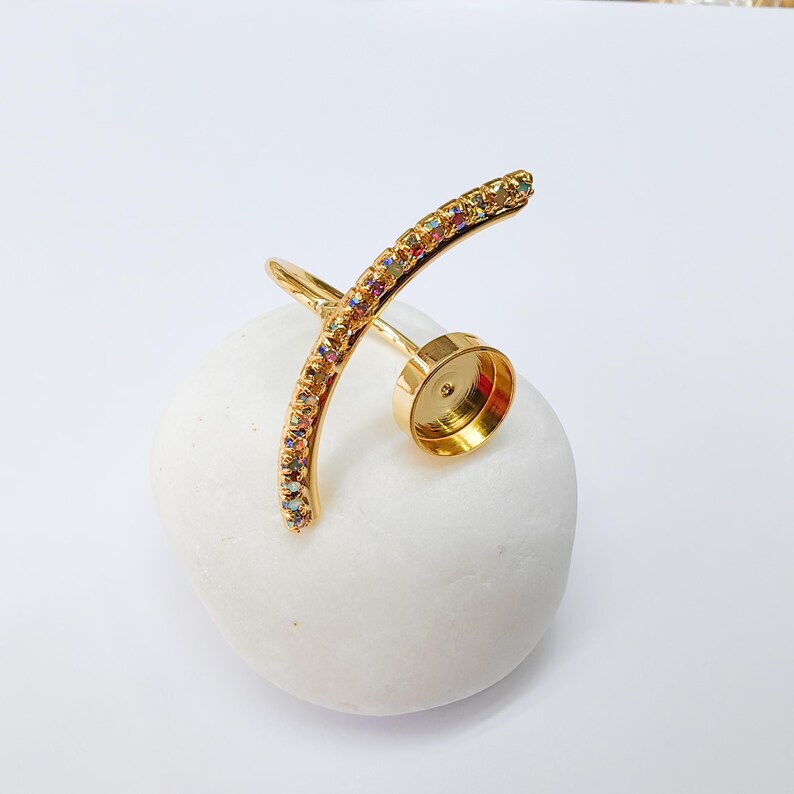 Rainbow Crystal Adjustable Ring Bezel, 10mm Round Bezel Cup, 24K Gold Brass, G37425