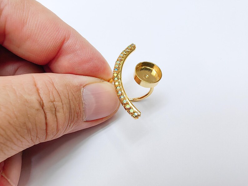 Rainbow Crystal Adjustable Ring Bezel, 10mm Round Bezel Cup, 24K Gold Brass, G37425