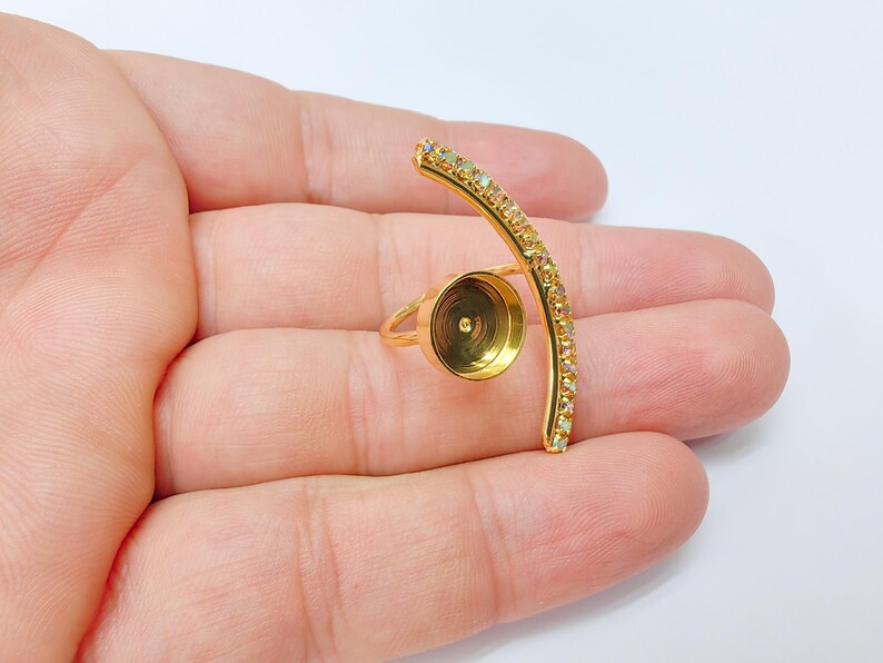 Rainbow Crystal Adjustable Ring Bezel, 10mm Round Bezel Cup, 24K Gold Brass, G37425