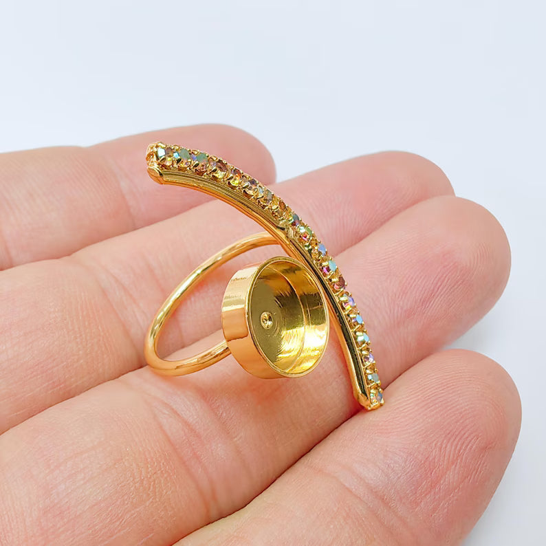 Rainbow Crystal Adjustable Ring Bezel, 10mm Round Bezel Cup, 24K Gold Brass, G37425