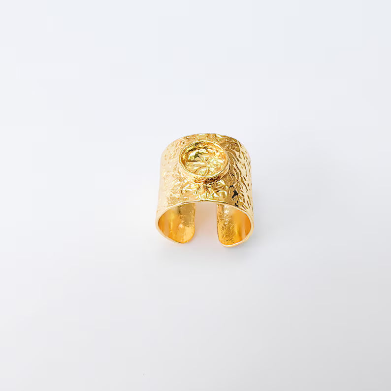 Adjustable Wide Band Ring with 8mm Round Blank, 24k Shiny Gold Plated Brass, Nickel Free Lead Free, Jewelry Making Supplies, G37428