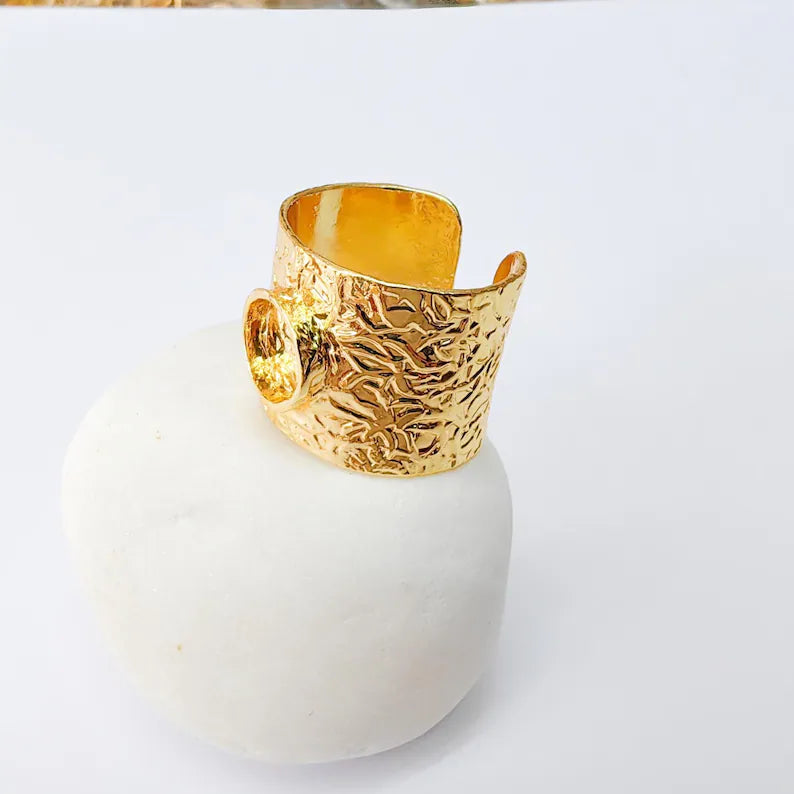 Adjustable Wide Band Ring with 8mm Round Blank, 24k Shiny Gold Plated Brass, Nickel Free Lead Free, Jewelry Making Supplies, G37428