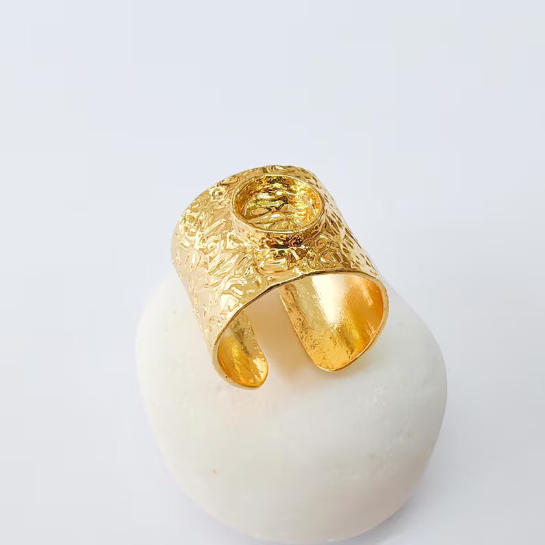 Adjustable Wide Band Ring with 8mm Round Blank, 24k Shiny Gold Plated Brass, Nickel Free Lead Free, Jewelry Making Supplies, G37428