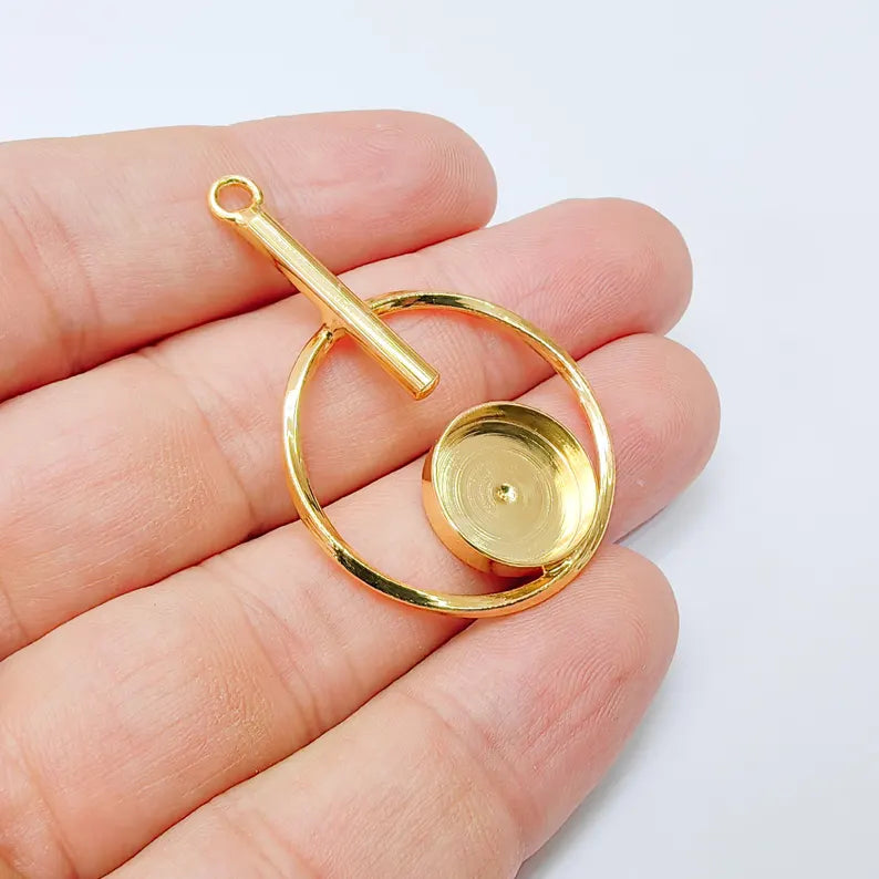Geometric Pendant with Bezel, Earring Base, 24k Shiny Gold Brass Charm, Adjustable Jewelry Making Supplies, 45x29mm, 14mm Bezel G37431