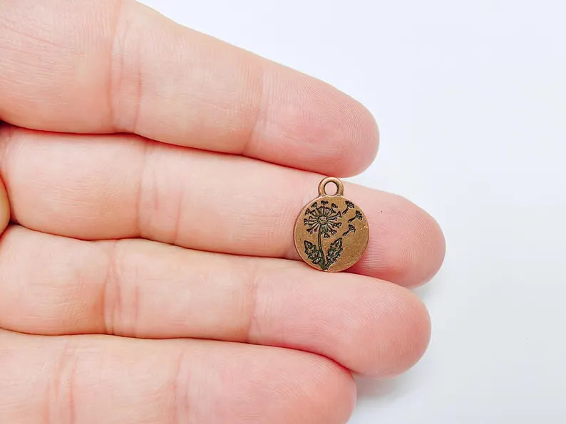 4 Dandelion Flower Charm, Double Sided Botanical, Organic Shape Plant Charm, Nature Earring, Floral Tag, Antique Copper Plated 16x13mm G37515