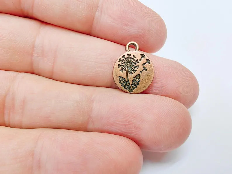 4 Dandelion Flower Charm, Double Sided Botanical, Organic Shape Plant Charm, Nature Earring, Floral Tag, Antique Copper Plated 16x13mm G37515