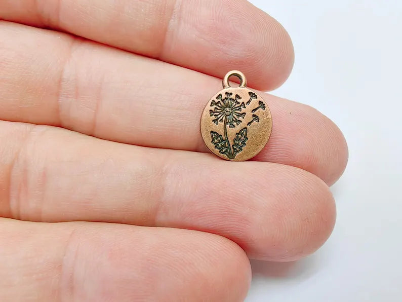 4 Dandelion Flower Charm, Double Sided Botanical, Organic Shape Plant Charm, Nature Earring, Floral Tag, Antique Copper Plated 16x13mm G37515