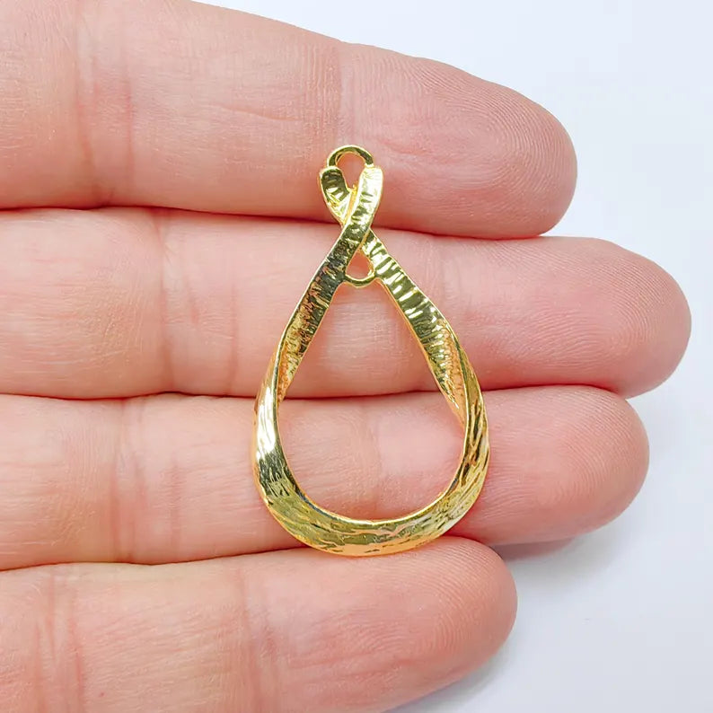 Hammered Teardrop Earring Component, 38x23mm Drop Charm, 24k Shiny Gold Plated Brass Jewelry Finding, G37517