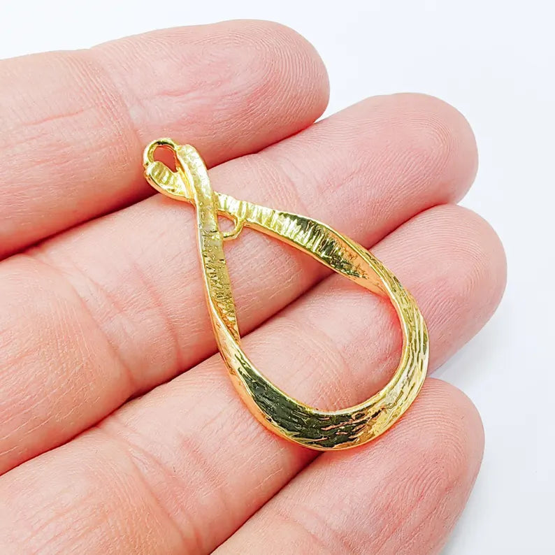 Hammered Teardrop Earring Component, 38x23mm Drop Charm, 24k Shiny Gold Plated Brass Jewelry Finding, G37517