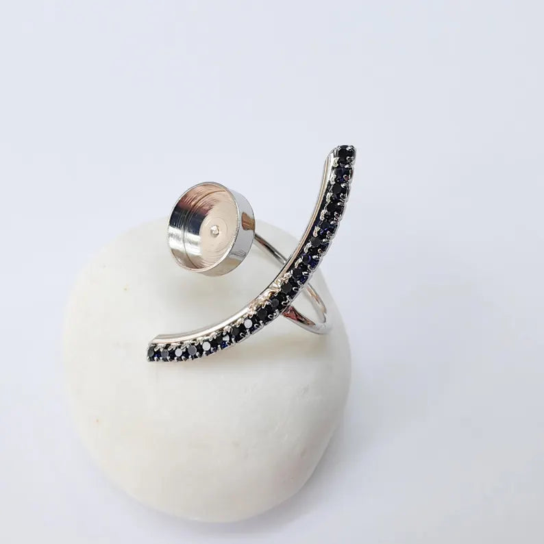 Dark Navy Blue Crystal Accent Adjustable Ring Bezel, 10mm Bezel Cup, Shiny Silver Brass, G37433