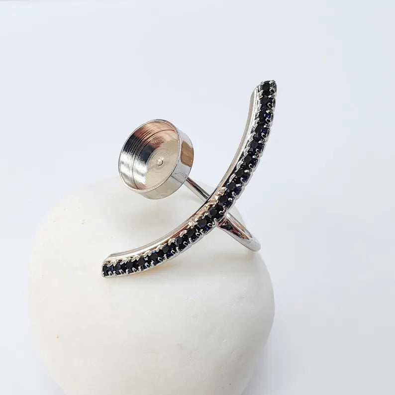 Dark Navy Blue Crystal Accent Adjustable Ring Bezel, 10mm Bezel Cup, Shiny Silver Brass, G37433