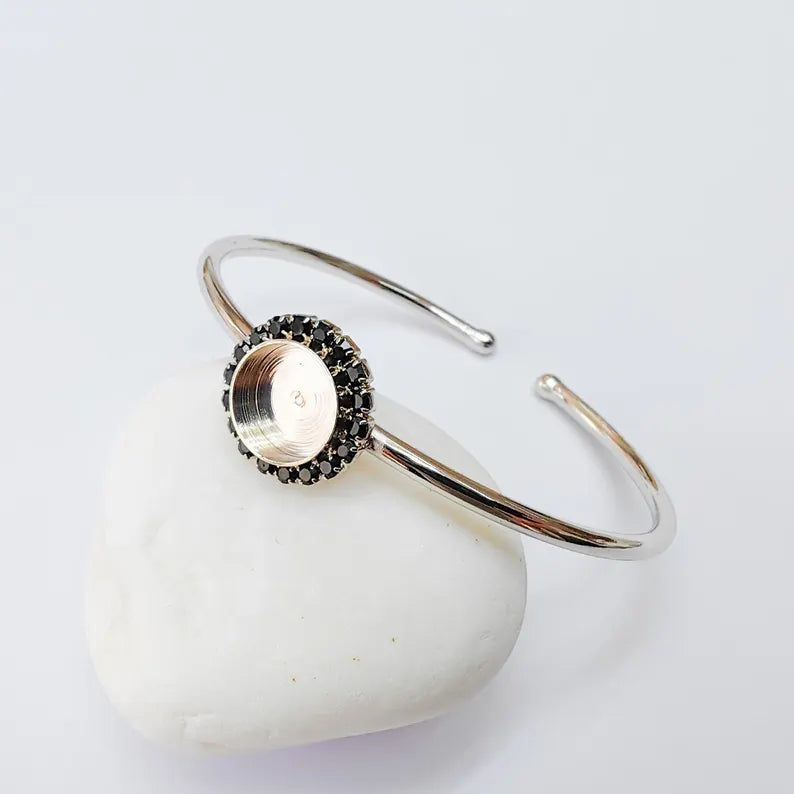 Black Crystal Bangle Bracelet, Shiny Silver Adjustable Cuff, 10mm Bezel Jewelry Making Supplies, G37434