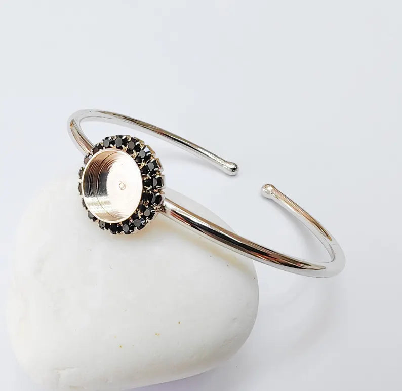 Black Crystal Bangle Bracelet, Shiny Silver Adjustable Cuff, 10mm Bezel Jewelry Making Supplies, G37434