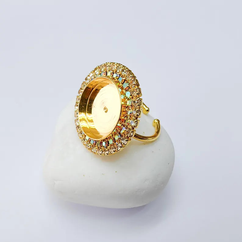 Rainbow Crystal Ring Bezel, Adjustable Ring Base, 16mm Round Bezel Setting, 24K Shiny Gold, G37436