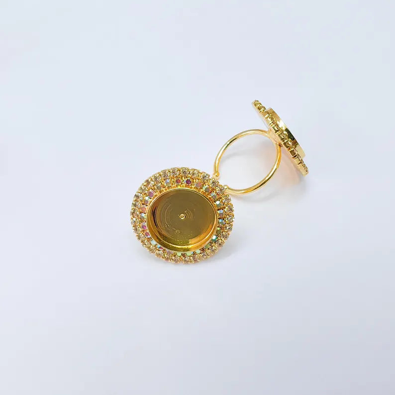 Rainbow Crystal Ring Bezel, Adjustable Ring Base, 16mm Round Bezel Setting, 24K Shiny Gold, G37436