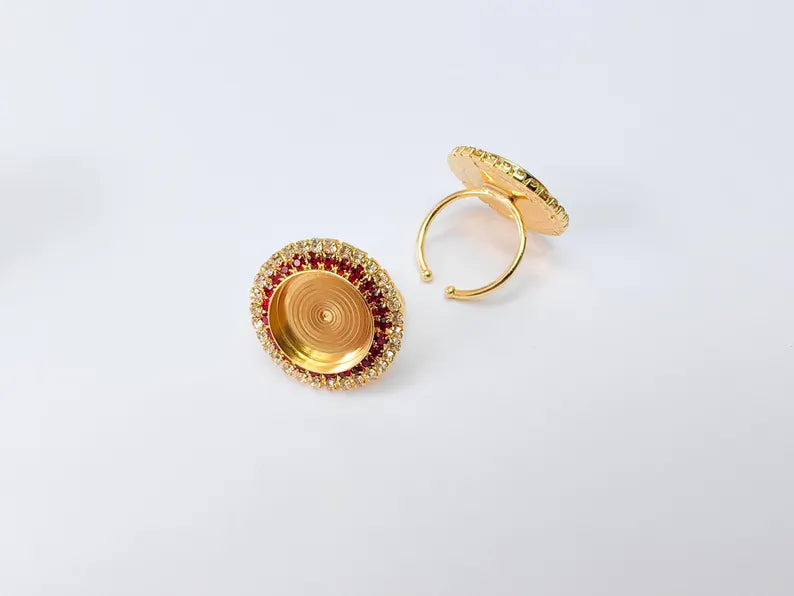 Red Crystal Ring Bezel, Adjustable Ring Base, 16mm Round Bezel Setting, 24K Shiny Gold, G37438
