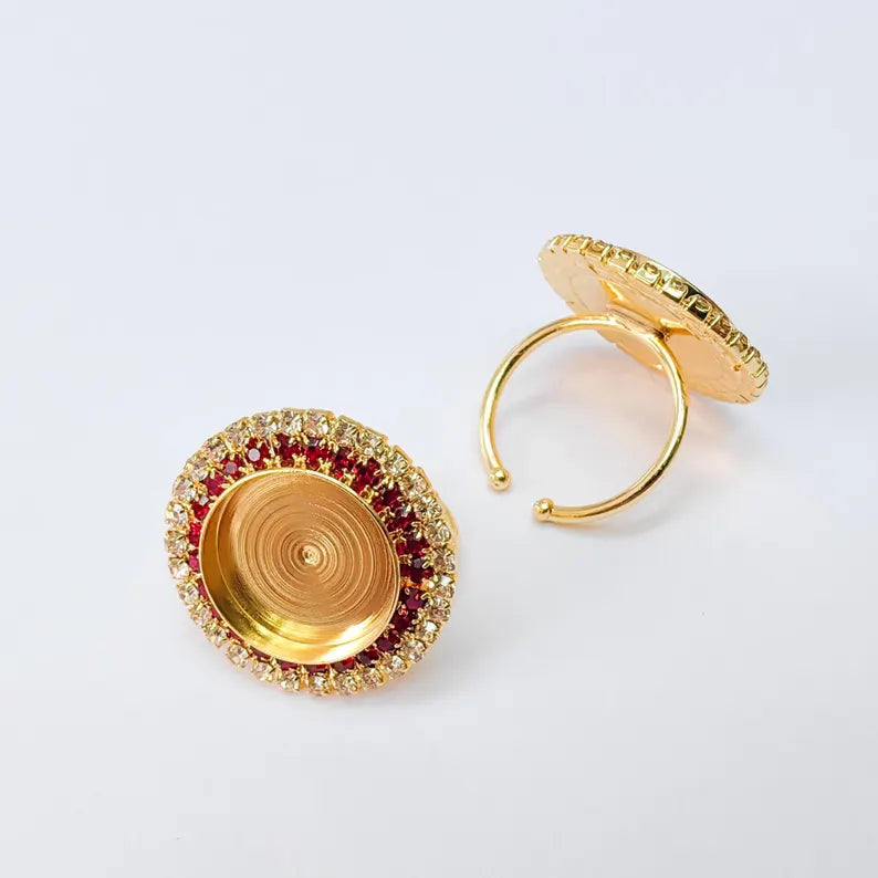 Red Crystal Ring Bezel, Adjustable Ring Base, 16mm Round Bezel Setting, 24K Shiny Gold, G37438