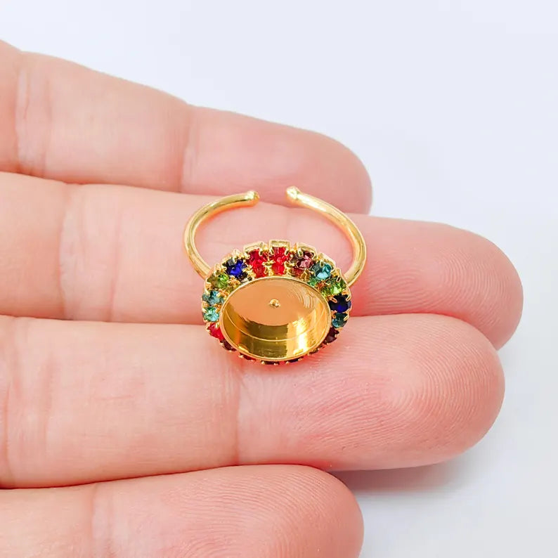 Colorful Crystal Ring Bezel, Adjustable Ring Base, 10mm Round Bezel Setting, 24K Shiny Gold, G37439