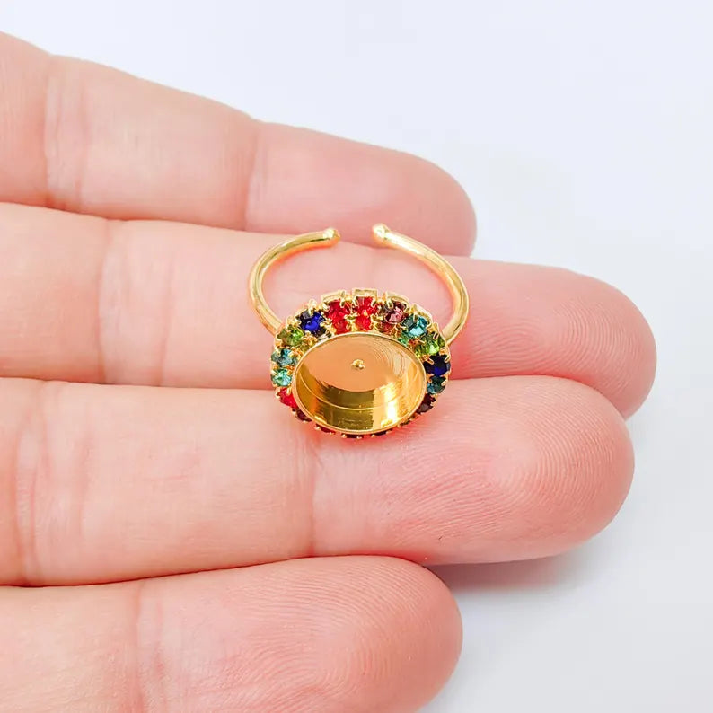 Colorful Crystal Ring Bezel, Adjustable Ring Base, 10mm Round Bezel Setting, 24K Shiny Gold, G37439