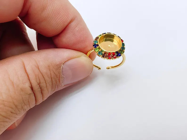 Colorful Crystal Ring Bezel, Adjustable Ring Base, 10mm Round Bezel Setting, 24K Shiny Gold, G37439