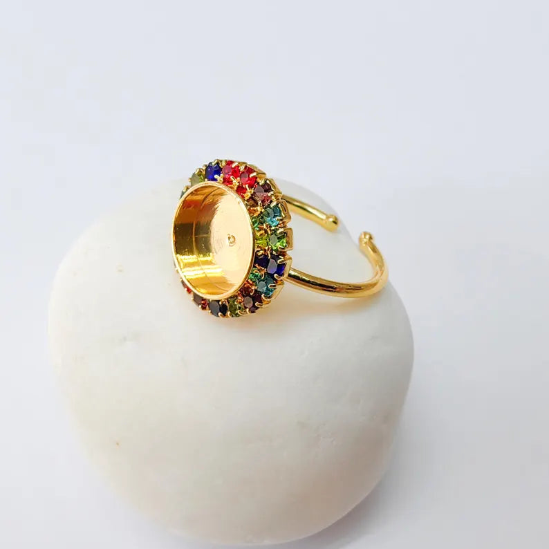 Colorful Crystal Ring Bezel, Adjustable Ring Base, 10mm Round Bezel Setting, 24K Shiny Gold, G37439