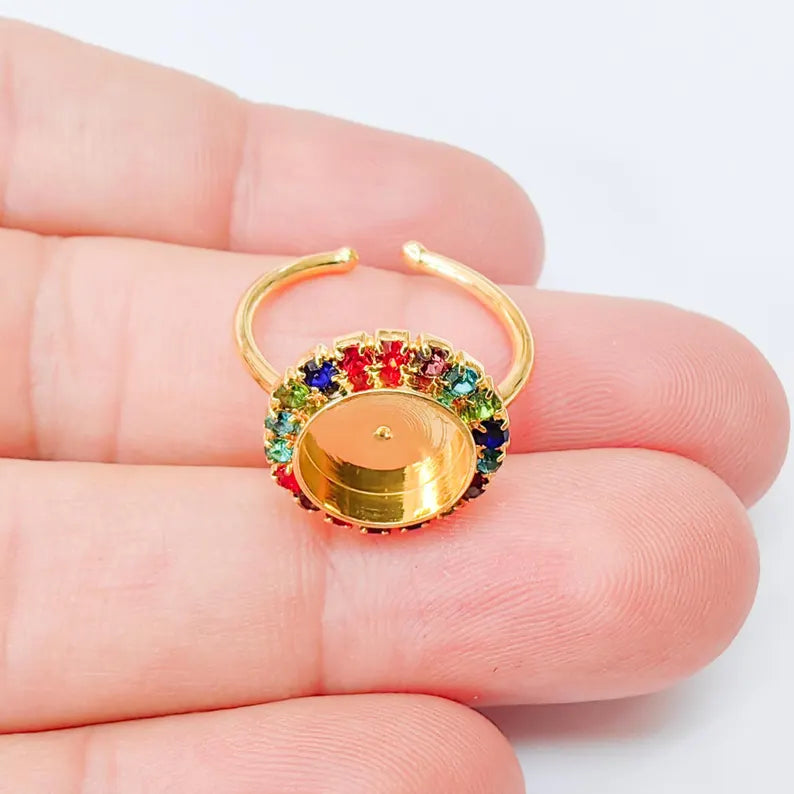 Colorful Crystal Ring Bezel, Adjustable Ring Base, 10mm Round Bezel Setting, 24K Shiny Gold, G37439