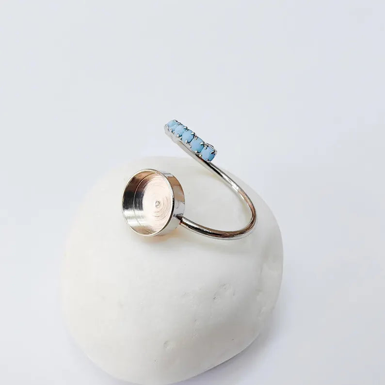 Turquoise Crystal Accent Adjustable Ring Bezel, 10mm Bezel Cup, Shiny Silver Brass, G37440
