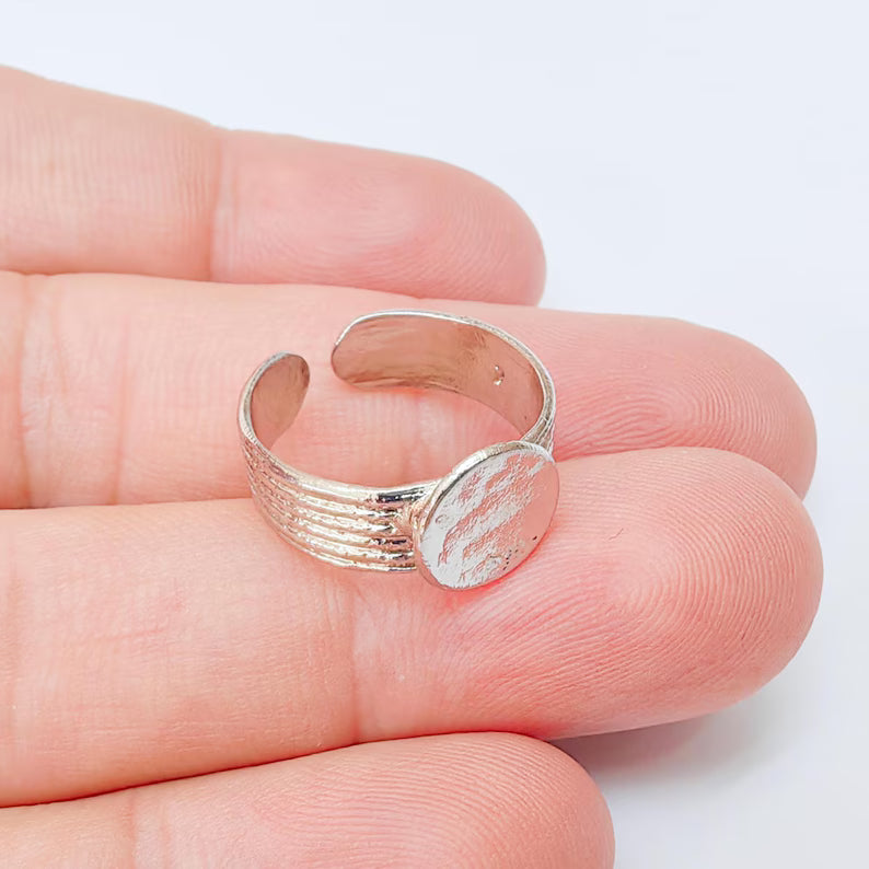 Adjustable Ring Base with 10mm Round Blank, Shiny Silver Plated Brass, Nickel Free Lead Free, Jewelry Making Supplies, G37455