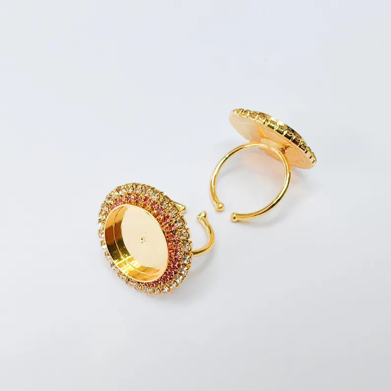 Pink Crystal Ring Bezel, Adjustable Ring Base, 16mm Round Bezel Setting, 24K Shiny Gold, G37445