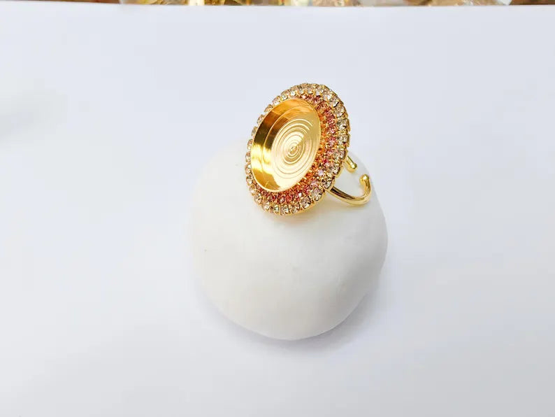 Pink Crystal Ring Bezel, Adjustable Ring Base, 16mm Round Bezel Setting, 24K Shiny Gold, G37445
