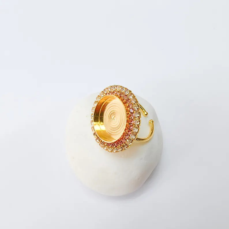 Pink Crystal Ring Bezel, Adjustable Ring Base, 16mm Round Bezel Setting, 24K Shiny Gold, G37445