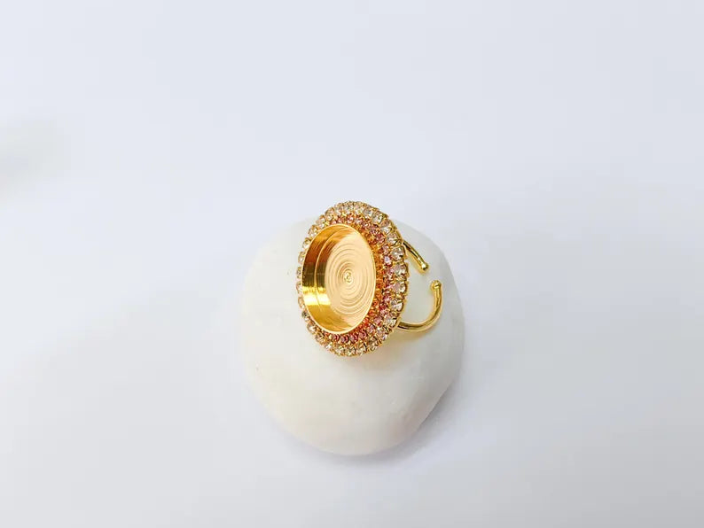 Pink Crystal Ring Bezel, Adjustable Ring Base, 16mm Round Bezel Setting, 24K Shiny Gold, G37445