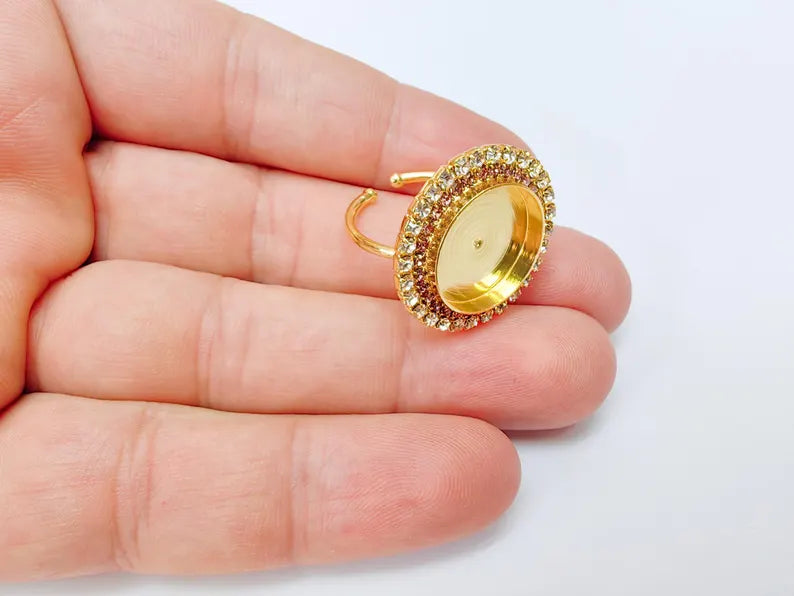 Pink Crystal Ring Bezel, Adjustable Ring Base, 16mm Round Bezel Setting, 24K Shiny Gold, G37445