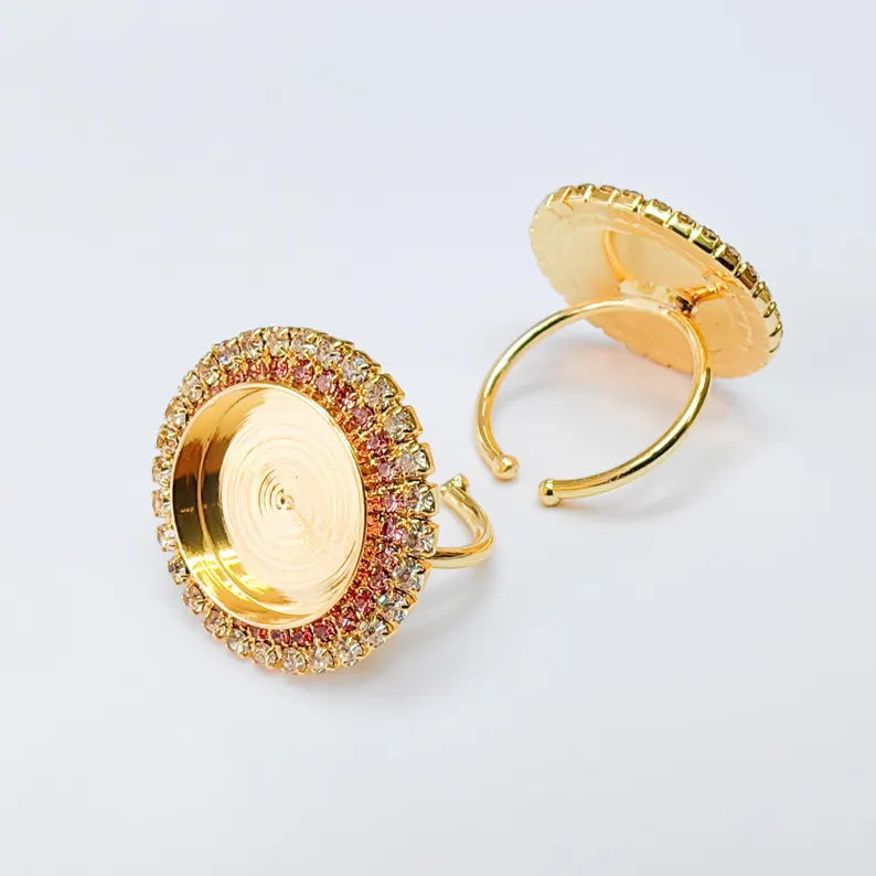 Pink Crystal Ring Bezel, Adjustable Ring Base, 16mm Round Bezel Setting, 24K Shiny Gold, G37445