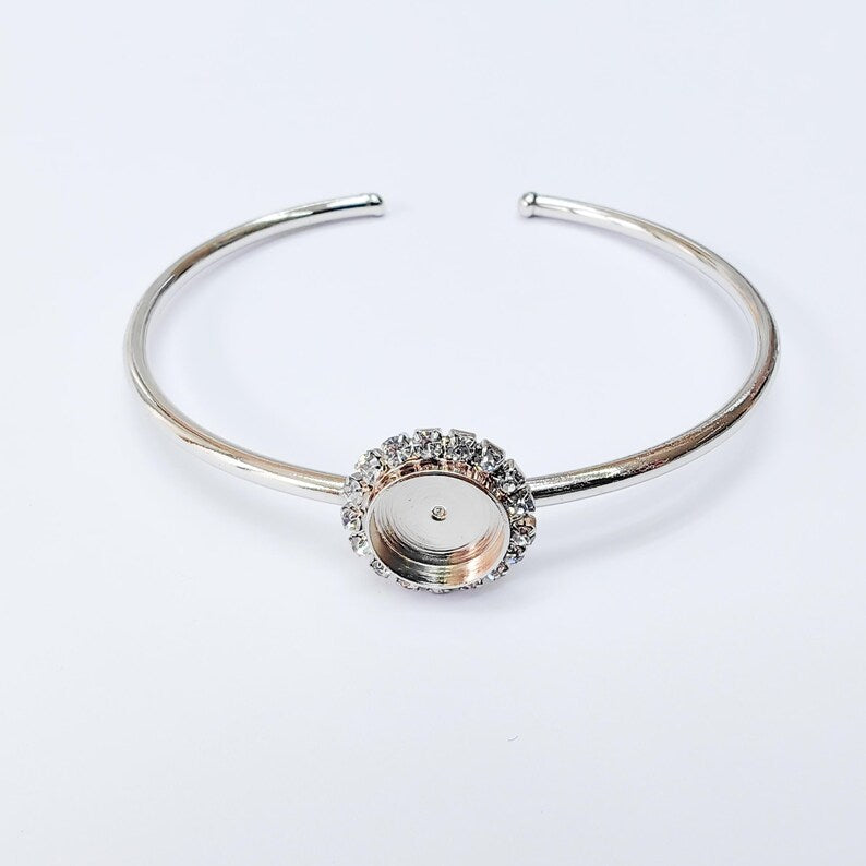 Clear Crystal Bangle Bracelet, Shiny Silver Adjustable Cuff, 10mm Bezel Jewelry Making Supplies, G37447