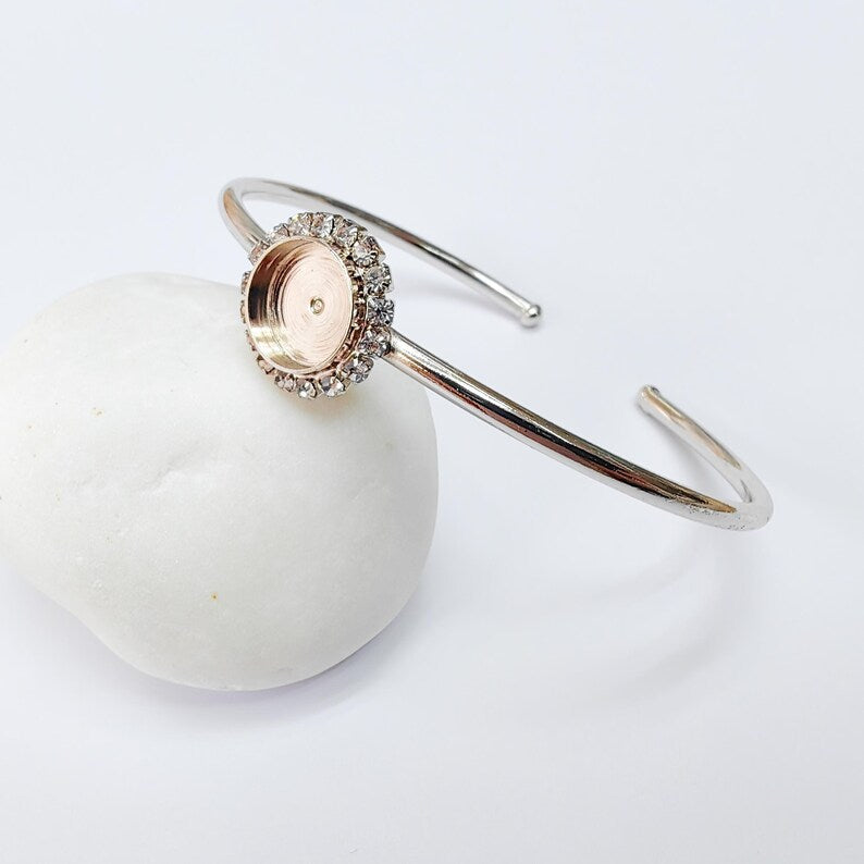 Clear Crystal Bangle Bracelet, Shiny Silver Adjustable Cuff, 10mm Bezel Jewelry Making Supplies, G37447