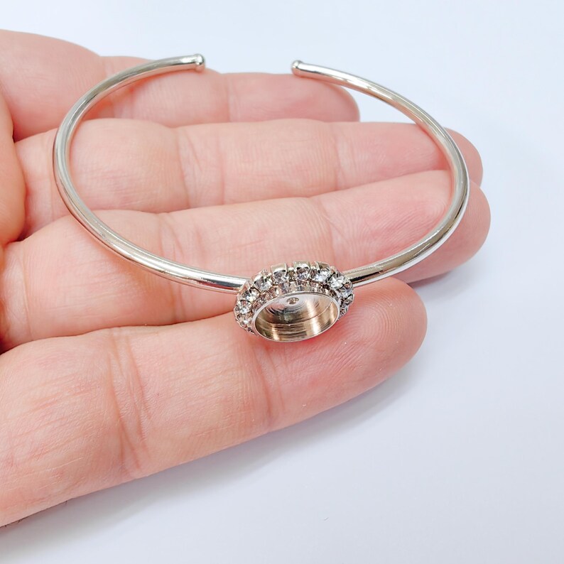 Clear Crystal Bangle Bracelet, Shiny Silver Adjustable Cuff, 10mm Bezel Jewelry Making Supplies, G37447